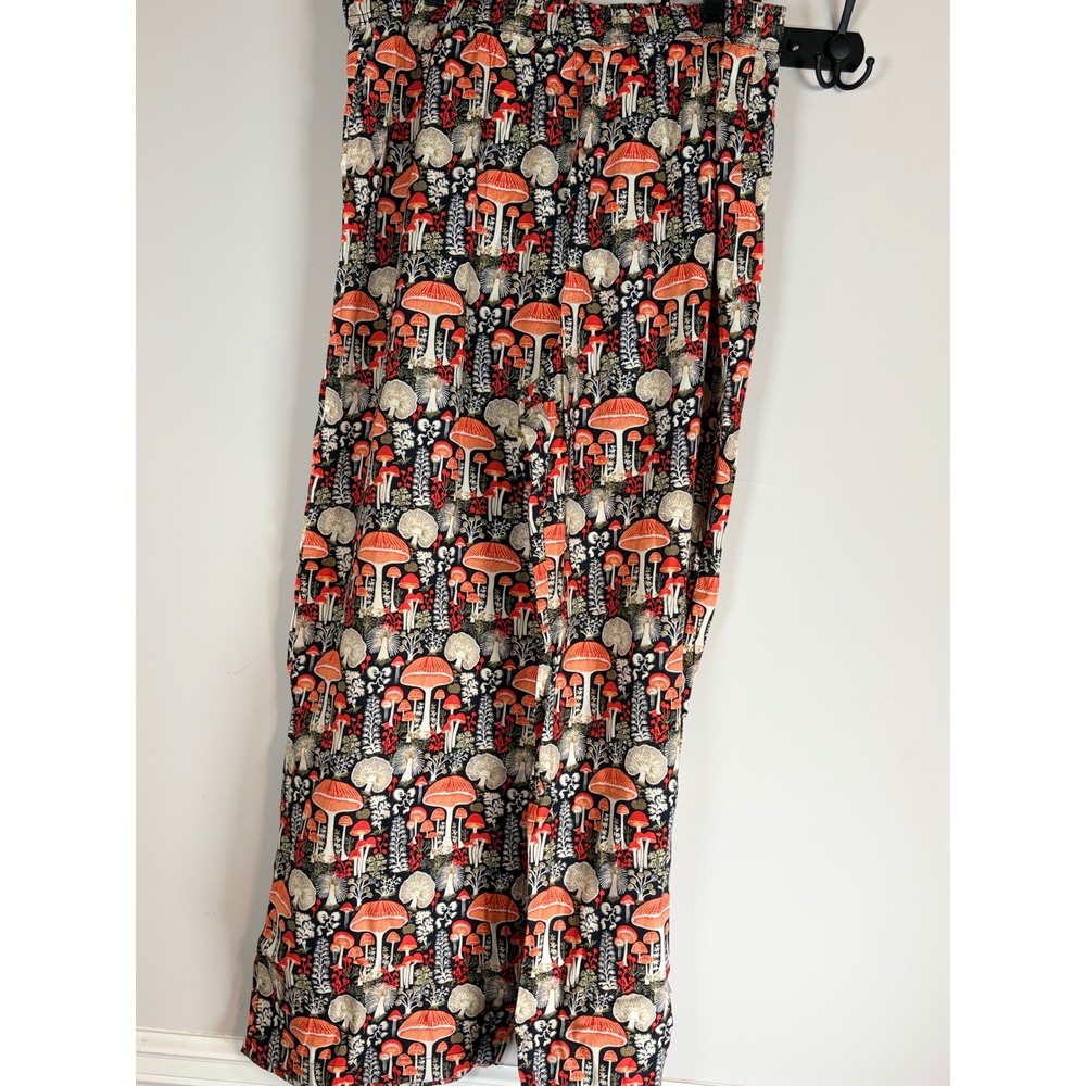 Anthropologie Real Fun Wow Mushroom Print Wide Leg Pants XL Red Black Botanical